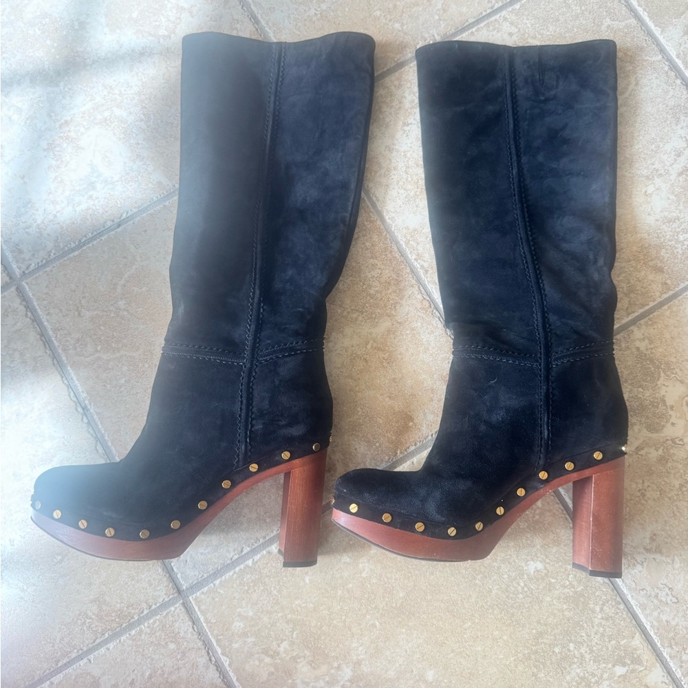 Veronica Beard Glendale Black Suede Knee-High Studded Platform Boots
